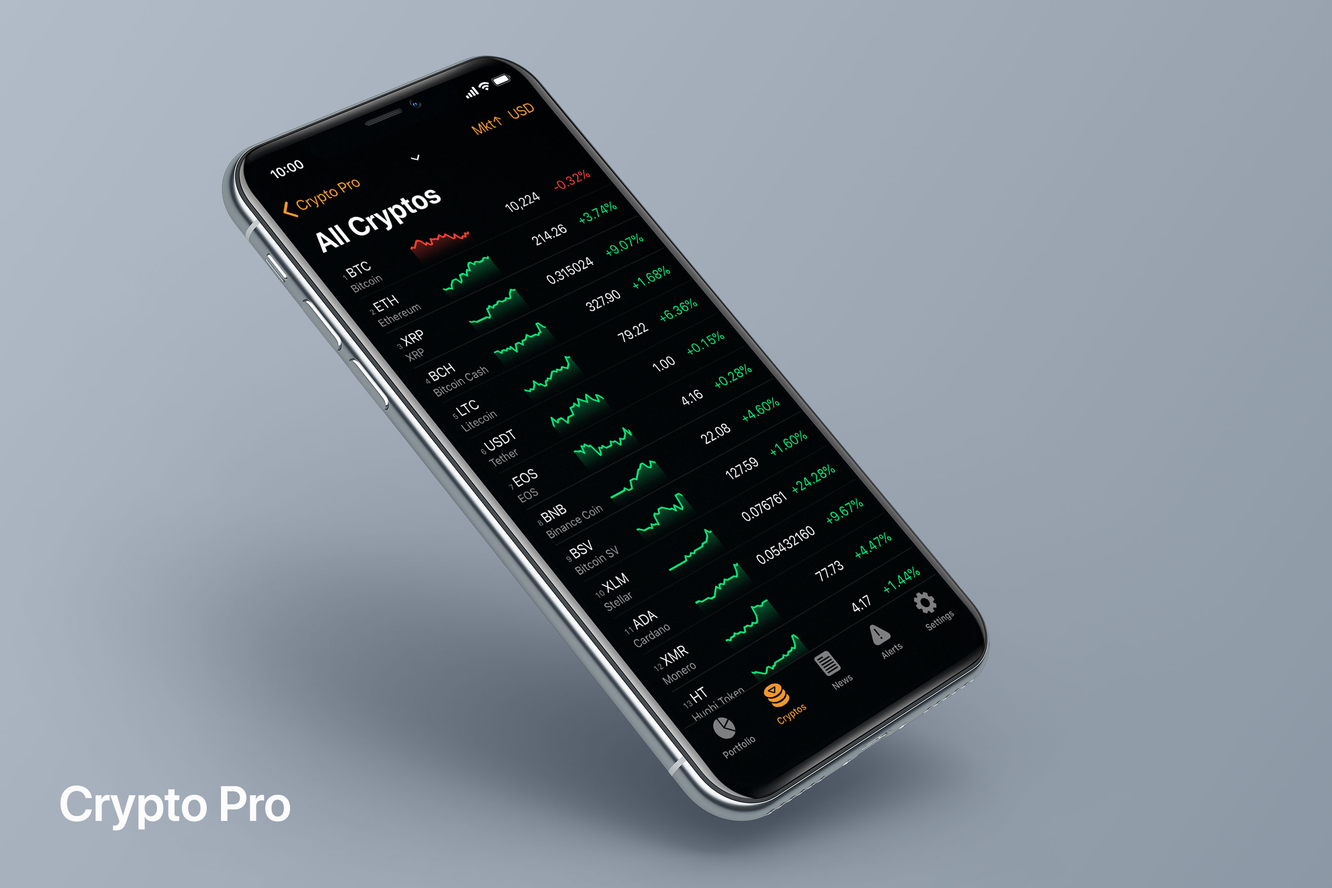 iPhone showing Crypto Pro app in dark mode